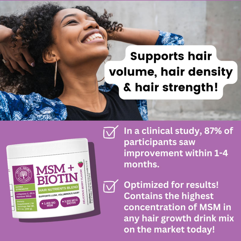Qhemet Biologics MSM + Biotin Hair Nutrient Drink Mix - Vitamins Powder to Support Lush Volume - Bamboo Silica & Vitamins D3 + B12 for Hair Health - Jumpstart Your Hair Growth Journey (8.5 oz)
