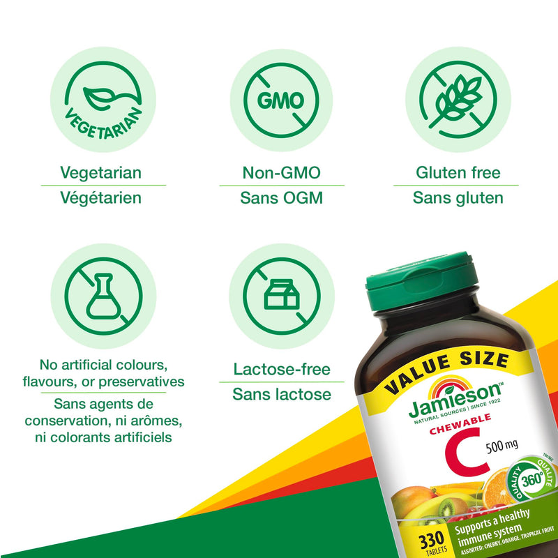 Jamieson Chewable Vitamin-C 500mg Value Supplement Pack(330 Count), Mixed 3 Flavors
