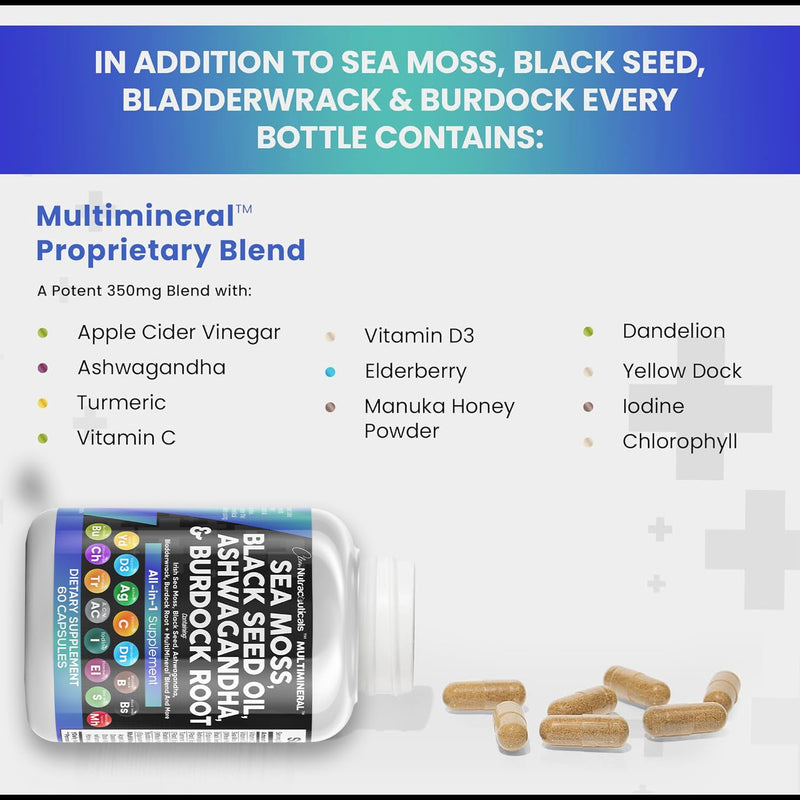 Sea Moss 3000mg Black Seed Oil 2000mg Ashwagandha 1000mg Turmeric 1000mg Bladderwrack 1000mg Burdock & Vitamin C Vitamin D3 with Elderberry Manuka Dandelion Yellow Dock Iodine Chlorophyll ACV - 2Pack - BeesActive Australia