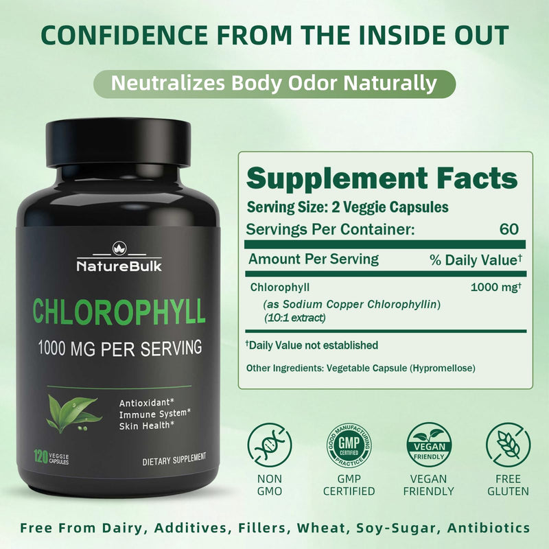 Chlorophyll Capsules 1000mg - 100% Natural Potency Concentration for Women & Men, Gut Health, Skin Support - Natural Energy Booster, 120 Capsules