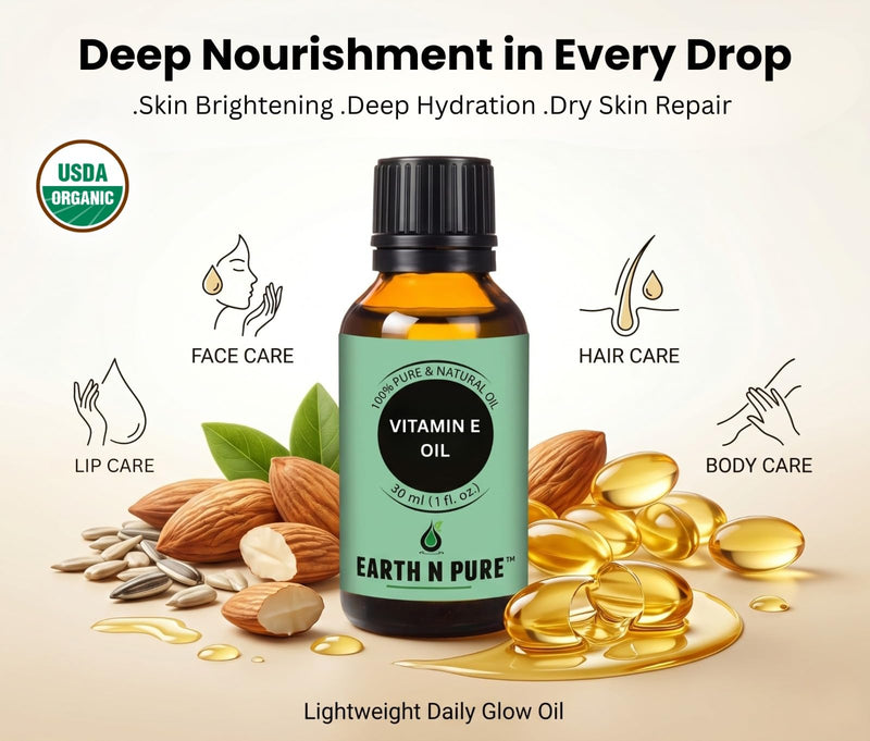 Earth N Pure Vitamin E Oil Therapeutic Grade for Skin, Hair and Nails with Glass Dropper 30 ml 1.06 Fl Oz (Pack of 1)