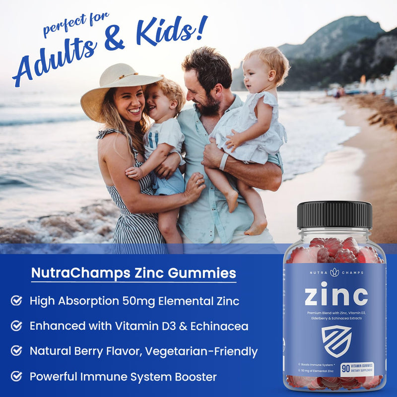 NutraChamps 4-in-1 Zinc Gummies, 50mg Chewable Zinc Supplement Gummies with Vitamin D3 2000 IU, Elderberry & Echinacea, Immune, Heart & Brain Support, 180 Count (Pack of 2)