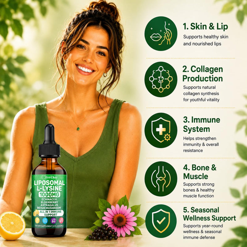 Liposomal L-Lysine Liquid Drops 1000mg with Vitamin C & Zinc, 4 Fl Oz | Essential Amino Acid Lysine with Echinacea, Elderberry, Vitamin C, D3 & Zinc for collagen, Lip, Skin & immune, kids & adults 2 Fl Oz (Pack of 2)