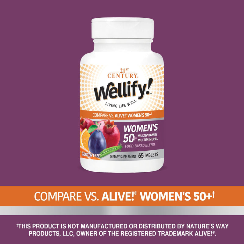 21st Century Wellify Women's 50+ Multivitamin with Minerals, 65 Count | Women's 50 Plus Daily Multivitamin with Minerals & A Food-Based Blend, Compare VS. Alive!® Women's 50+, Energy, Immunity Unflavored 65 Count (Pack of 1)