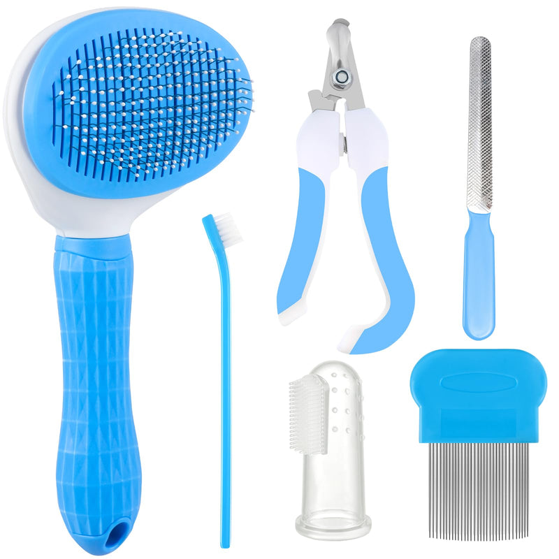 6 Pcs Cat Dog Pet Brush Grooming Kits, Self Cleaning for Shedding Cat Brush Slicker Hair with Pet Nail Clipper File Flea Comb Pet Shedding Brush Silicone Toothbrush for Removes Loose Hair - BeesActive Australia