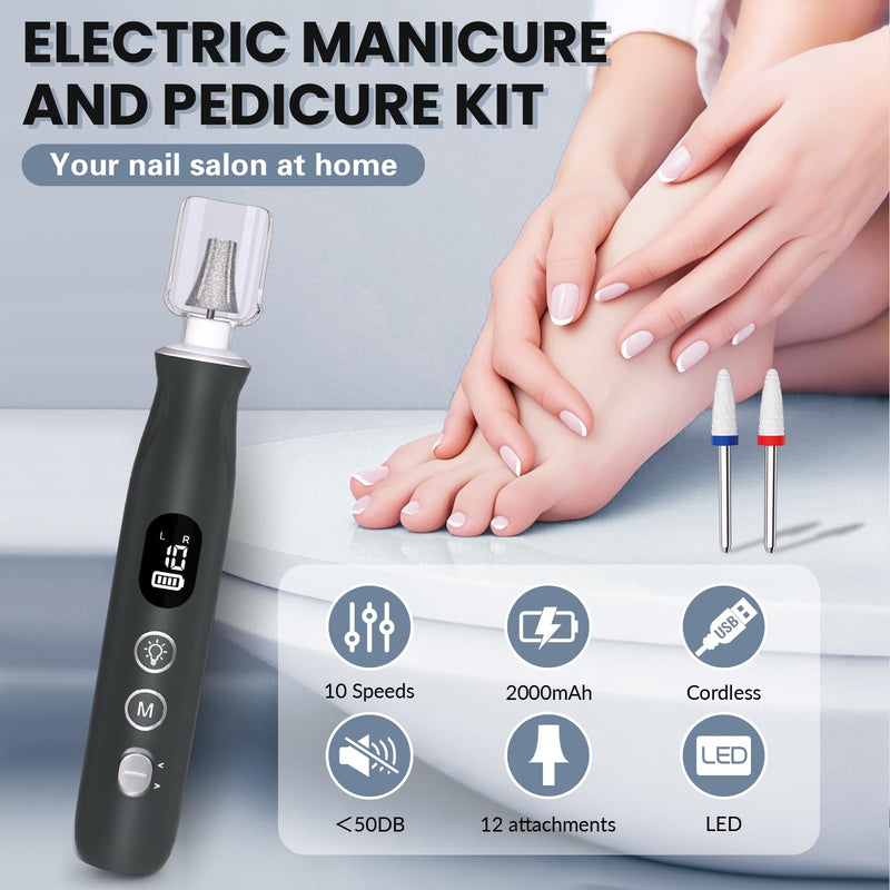 Electric Nail Drill, Cordless 2000 mAh Rechargeable Portable Nail File 12 in 1 Kit for Thick Toenails, 10 Speeds Nail Dril Machine Professional Manicure Pedicure for Hand Natural Nails Care (Grey) Grey - BeesActive Australia