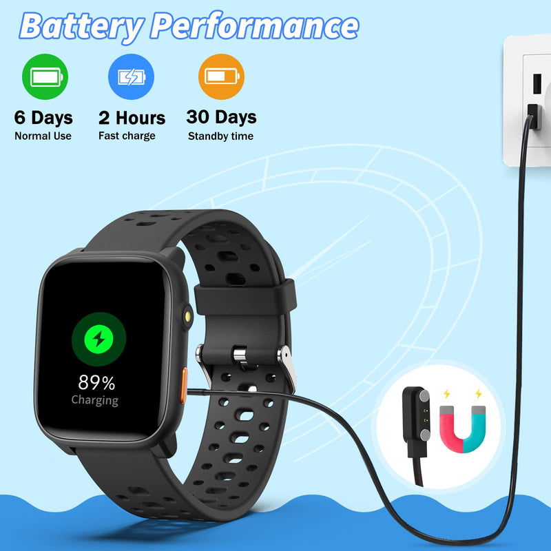 Kids Smart Watch with Puzzle Games, 1.83" Kids Watches Heart Rate, Sleep Monitor, Pedometer, Alarm Clock, Flashlight, Gift for 6-16 Year Old Boys Girls Toys (Black) Black - BeesActive Australia