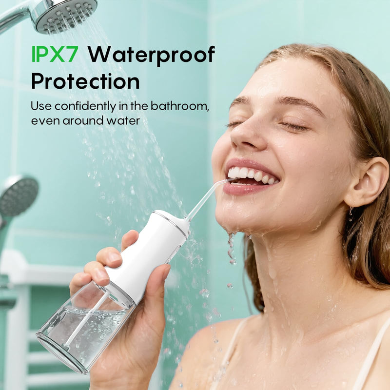FRESKO Water Dental Flosser for Teeth, 300ML Flosser with Constant Pressure, Rechargeable Oral Irrigator Cleaner for Travel with 5 Jet Tips, IPX7 Waterproof White