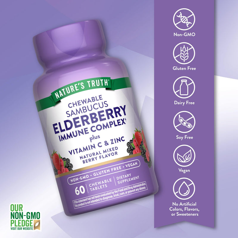 Nature's Truth Elderberry Immune Complex | 60 Chewable Tablets | Plus Vitamin C & Zinc | Mixed Berry | Vegan, Non-GMO & Gluten Free Supplement