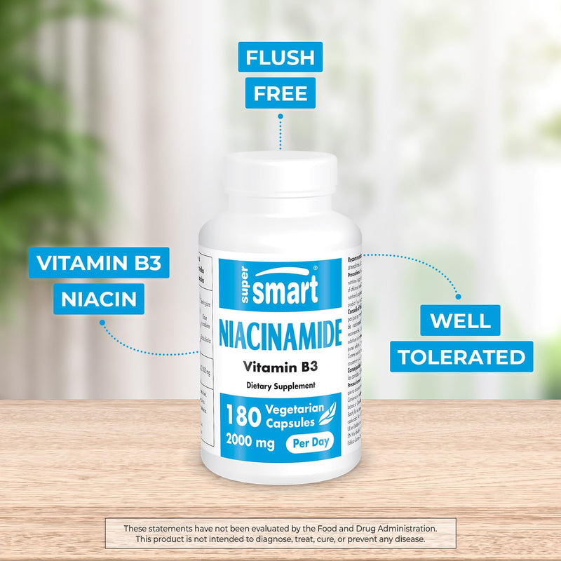 Supersmart - Niacinamide Supplement 2000mg per Day (Nicotinamide) - Flush Free Vitamin B3 Niacin | Non-GMO & Gluten Free - 180 Vegetarian Capsules