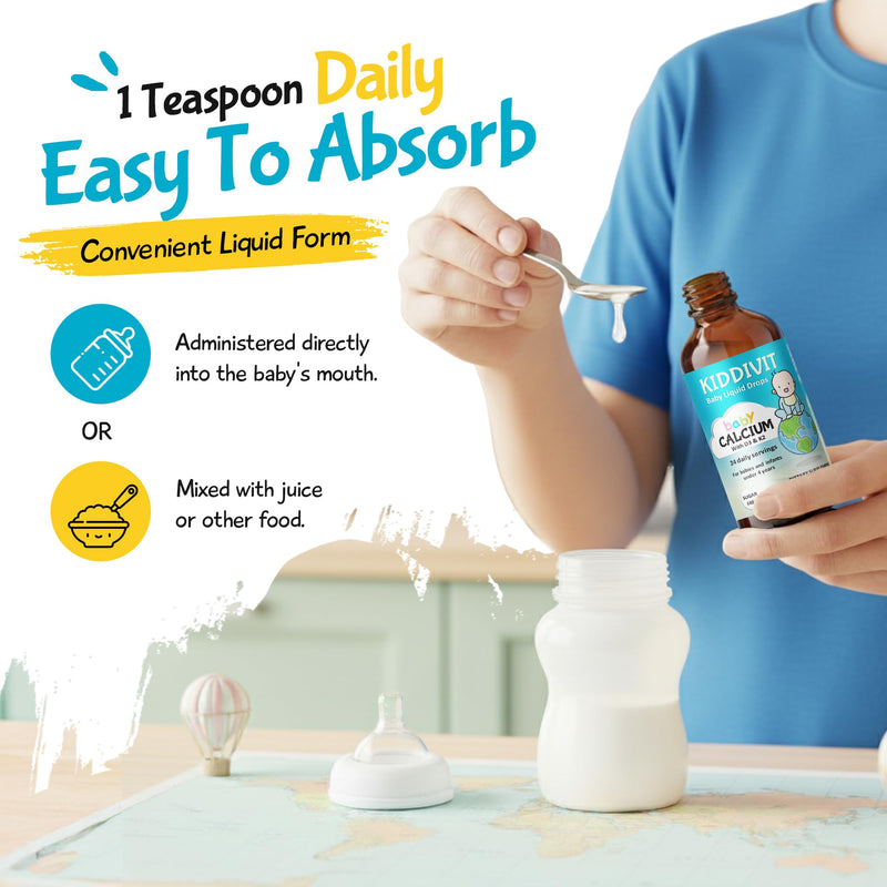 Baby Calcium Liquid Drops with Vitamin D3 & K2 – Gentle Bone & Growth Support Supplement – 24 Daily Servings – Inulin Fortified Prebiotic Fiber – Sugar Free, Gluten Free, Vegetarian, 4oz