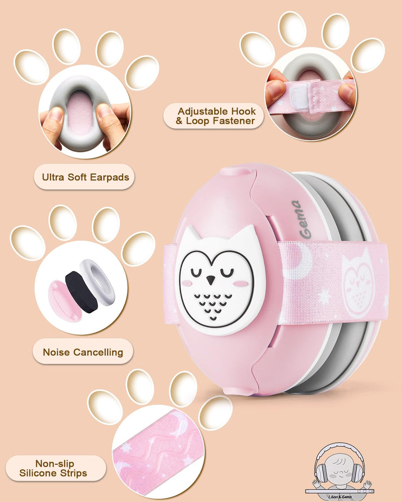 Lilian&Gema 2-in-1 Baby Ear Muffs Noise Protection, Adjustable Headphones with Band, Owls Noise Cancelling Headphones for Babies & Toddler up to 4 Years, Baby Airplane Essentials/Outdoor, Pink