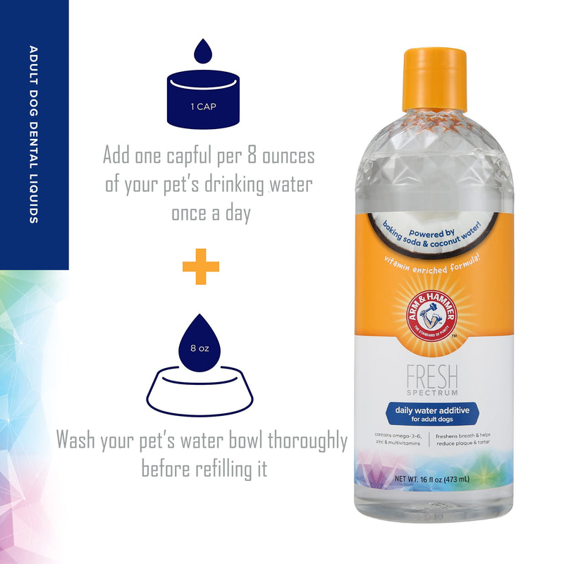 ARM & HAMMER Fresh Spectrum Coconut Mint Dog Water Additive, 473ml, Best Dental Care for Dogs, Removes Plaque & Tartar, Freshens Breath, Gum & Teeth Cleaning, No Brushing, Easy to Use Pet Oral Hygiene