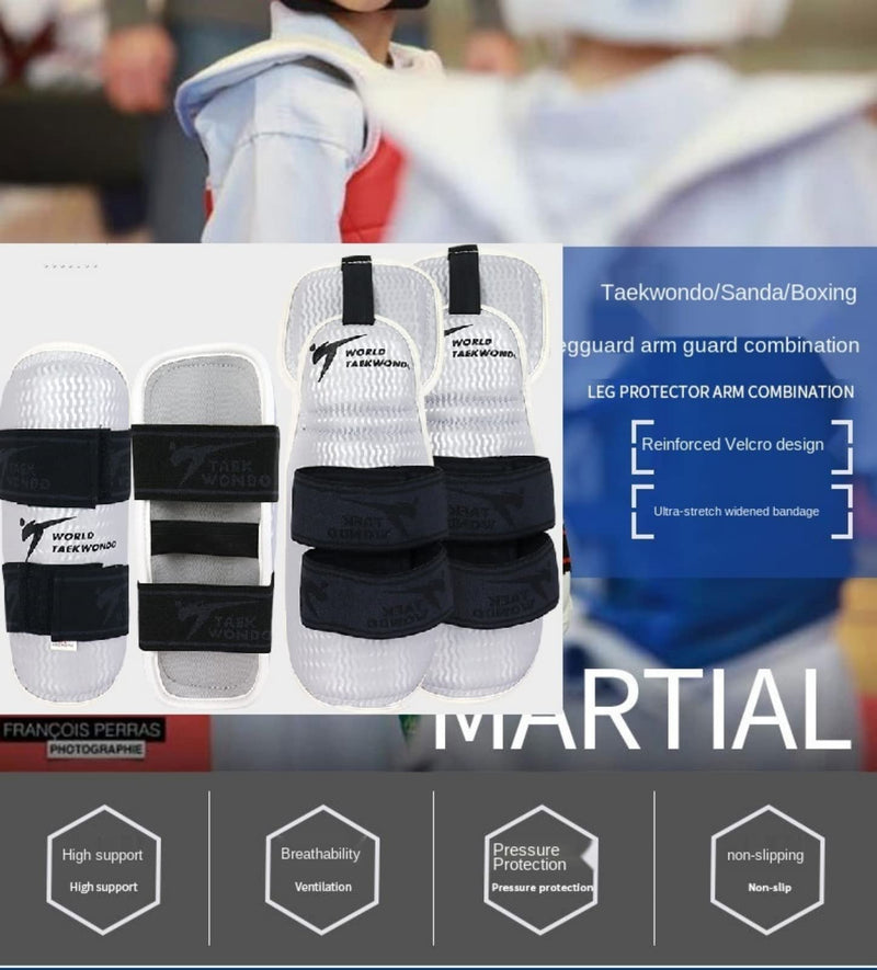 Taekwondo Shin Protector Forearm Elbow Arm Guards, WT MMA Martial Arts Kickboxing Karate Sparring Muay Thi Training Match Gym School Academy for Men Women Kids White Elbow Guards Large