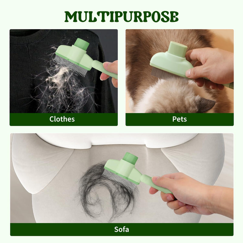 Pet Hair Removal Comb Flea Comb, 2025 New Cat Grooming Brush, Cat Brush with Release Button, De-Shedding Cat Hair Comb, Cat Grooming Supplies, Cat Brush for Short and Long Hair Cats (Green) Green - BeesActive Australia