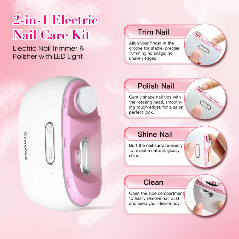 Electric Nail Clipper 2-in-1, Automatic Nail Trimmer & Polisher with LED Light, Rechargeable Manicure Kit Safe for All Ages, Kids, Seniors & Weak Hands(Pink) Light Pink - BeesActive Australia