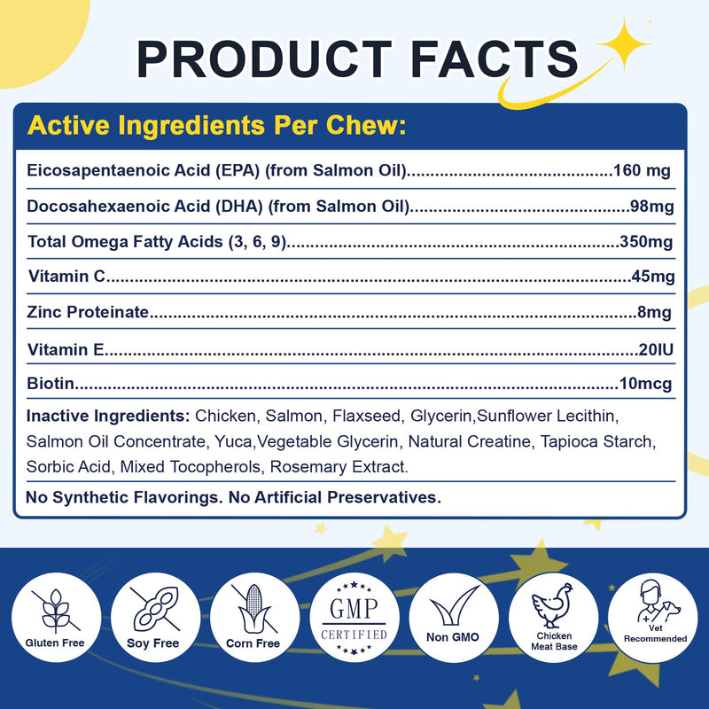 Omega 3 for Dogs, Salmon Fish Oil for Dogs Skin and Coat Chew with Omega 3 6 9 (EPA+DHA), ZINC, BIOTIN and Vitamin E & C for Dog Hot Spot Treatment, Itchy Skin Relief, 120ct Chicken Flavored 120 Chews