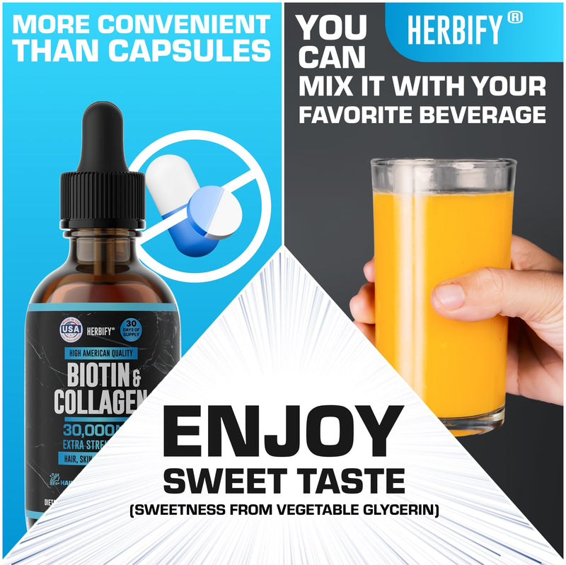 HERBIFY Liquid Biotin and Collagen Drops for Women & Men, 30 Days of Supply - Support Hair, Skin & Nails - Liquid Collagen for Women - 2 FL Oz Made in USA 2 FL Oz Unflavored