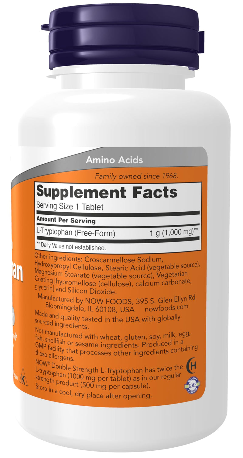 NOW Foods Supplements, L-Tryptophan 1,000 mg, Double Strength, Encourages Positive Mood*, Supports Relaxation*, 60 Tablets Unflavored 60 Count (Pack of 1)