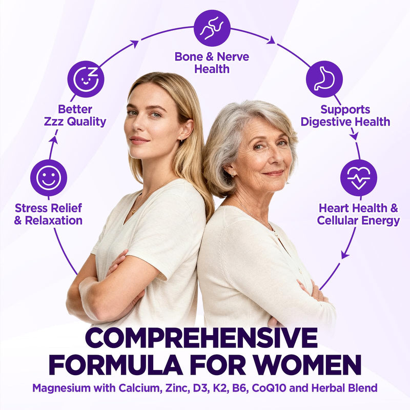 Magnesium Complex 1000mg for Women, 90 Count | 12 In 1 Magnesium Supplement with Glycinate Citrate Malate Taurate Vitamin D3 K2 Zinc Ashwagandha