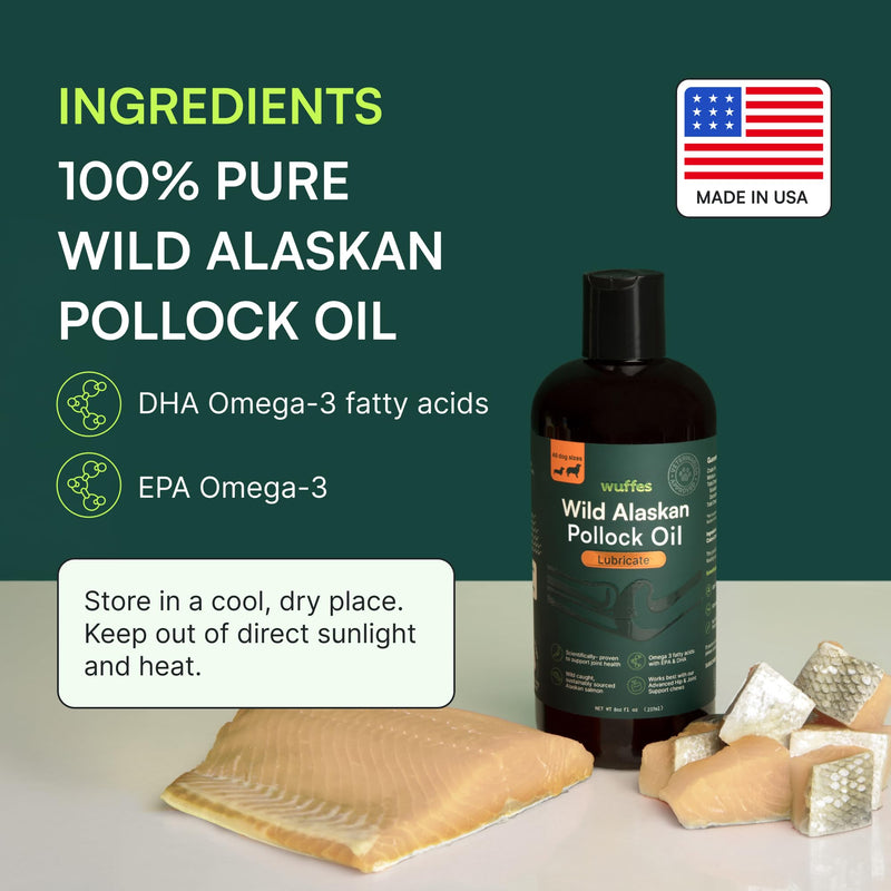 Wuffes Wild Alaskan Pollock Oil for Dogs - Natural EPA & DHA Fatty Acids, Omega 3 for Canines, Supports Healthy Skin and Coat, Joint Nutrition, and Immune System - 100% Pure Fish Oil for Pets - 8 Oz - BeesActive Australia