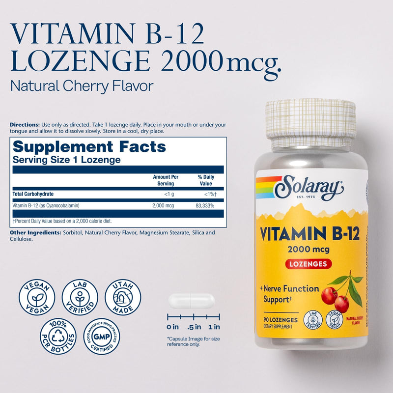 SOLARAY Vitamin B12 2000 mcg Lozenges - No Sugar, Natural Cherry Flavor Vitamin B 12 Supplement for Nerve Function, Energy and Red Blood Cell Support - Lab Verified, Vegan - 90 Servings, 90 Lozenges | Nerve, Energy & Red Blood Cell Support - No Sugar C...