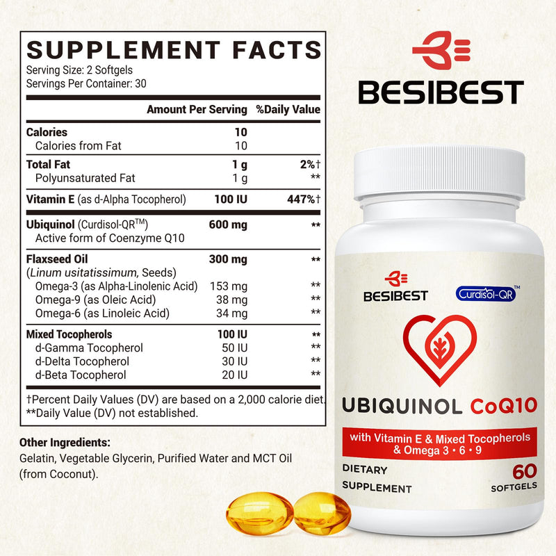 Ubiquinol CoQ10-600mg-Softgel, Active Form of Coq10 Ubiquinol Supplement with Vitamin E & Omega 3, 6, 9, High Absorption-Coenzyme-Q10, Powerful Antioxidant for Energy Production, 240 Count 60 Count (Pack of 4)