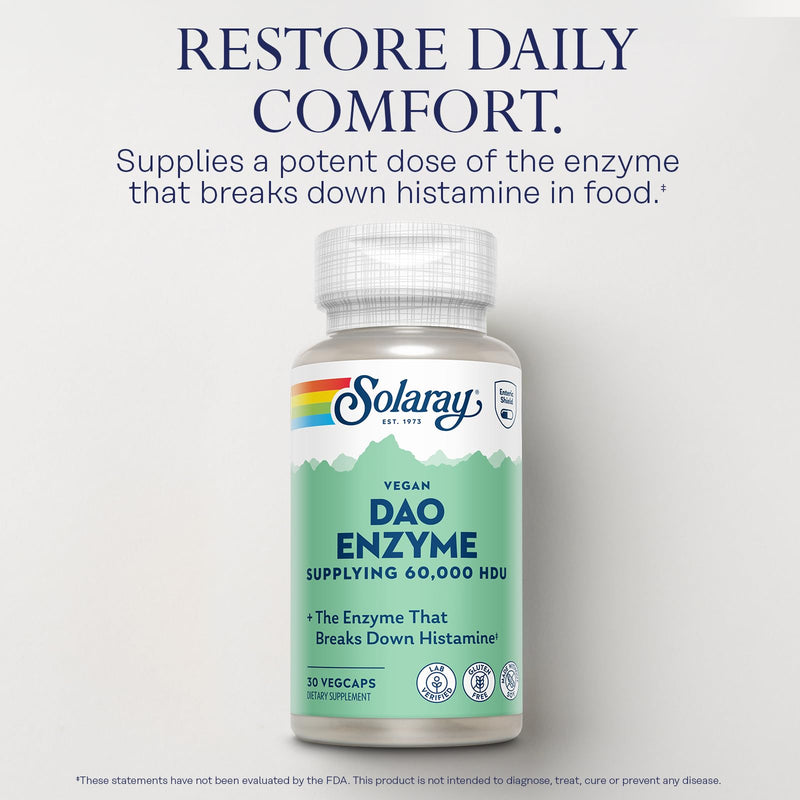 SOLARAY DAO Enzyme 60000 HDU, 30 VegCaps | Histamine Digestion Support, Plant Based DAO Enzyme, Enteric Coated, 30 Servings, Vegan, Lab Verified 30 Count (Pack of 1)