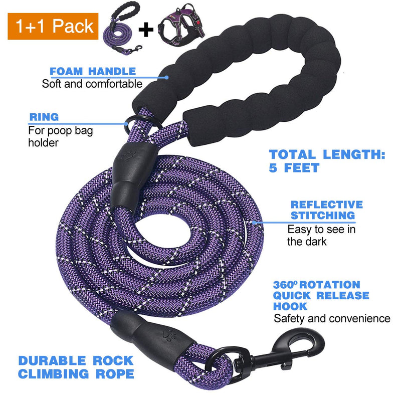 No Pull Dog Harness Adjustable Reflective Oxford Easy Control Medium Large Harness with A Free Heavy Duty 5ft Leash (L (Neck: 18"-25.5", Chest: 24.5"-33"), Purple) Purple Harness+Leash - BeesActive Australia