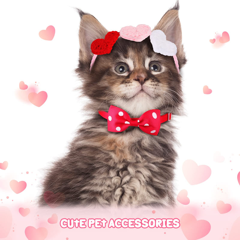 2Pcs Valentines Day Heart Headband for Cat and 2Pcs Pet Neck Bow Cat Valentines Day Headband with Ear Holes and Chin Straps Adjustable Dog Bow Tie Valentines Pink Red Heart Headband for Dogs Cats Pets - BeesActive Australia