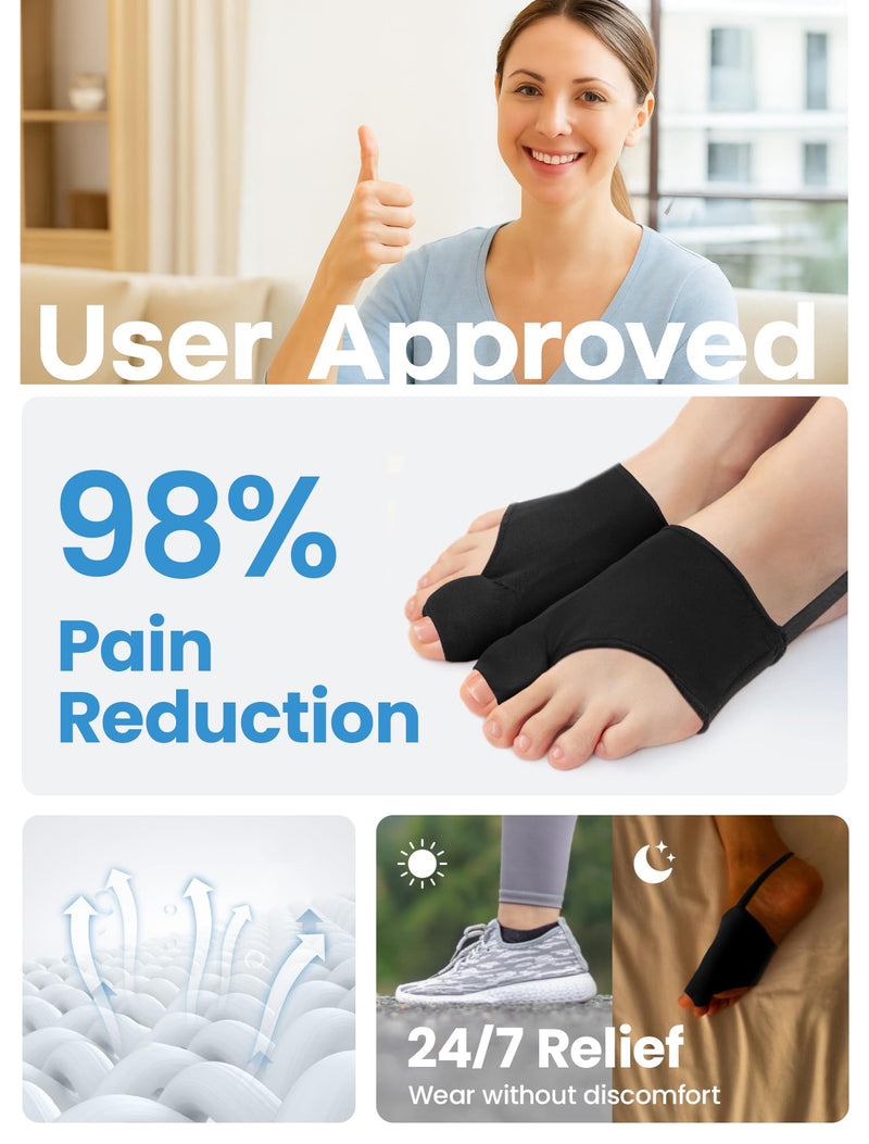 Bunion Corrector for Women and Men, Breathable Big Toe Straightener, Bunion Relief Splint & Pad, Comfortable for Day/Night Use, Fit for R/L, Washable Black-M-2 Pack