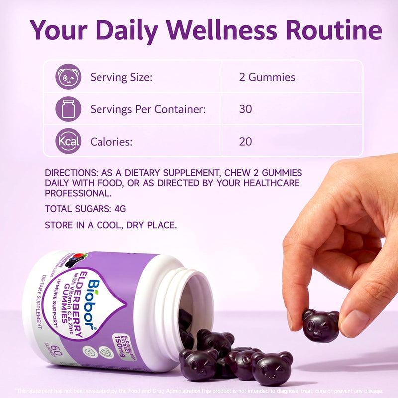 Biobor Elderberry Gummies with Vitamin C & Zinc, 150mg Elderberry, 120 Ct | 150mg Elderberry Extract, Daily Wellness Support Gummies, Vegan-Friendly, Non-GMO, Gluten Free, Mixed Berry Flavor Natural Berries 60 Count (Pack of 2)