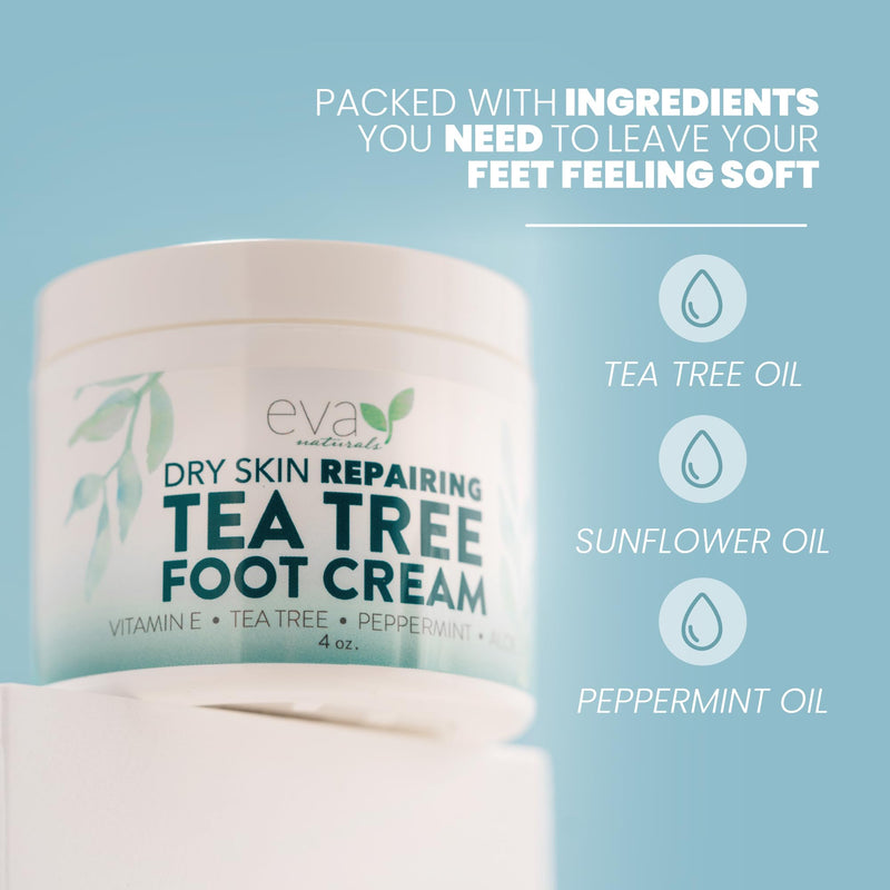Eva Naturals Tea Tree Foot Cream – Moisturising Foot Lotion & Balm for Dry, Cracked Heels & Feet with Peppermint, Menthol, Spearmint, Aloe, Sunflower Oil & Geranium – Cream for Men & Women, 4 Fl Oz 4 Fl Oz (Pack of 1)