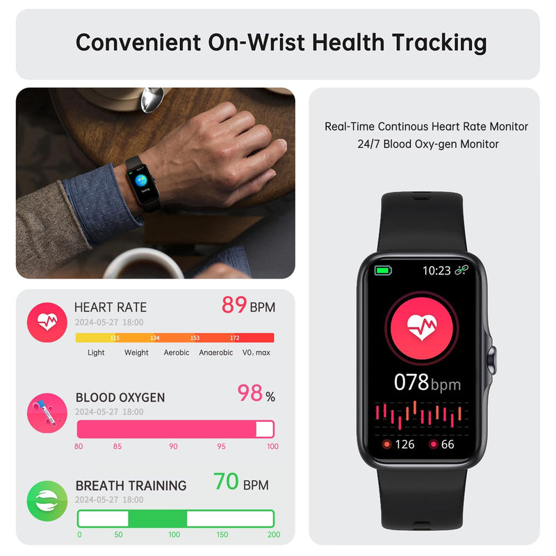 Health Fitness Tracker, Smart Watch with 24/7 Heart Rate and Blood Oxy-gen Monitor, Sleep Tracker with IP68 Waterproof, Activity Tracker Pedometer Step Counter for Women Men (Black) Black - BeesActive Australia