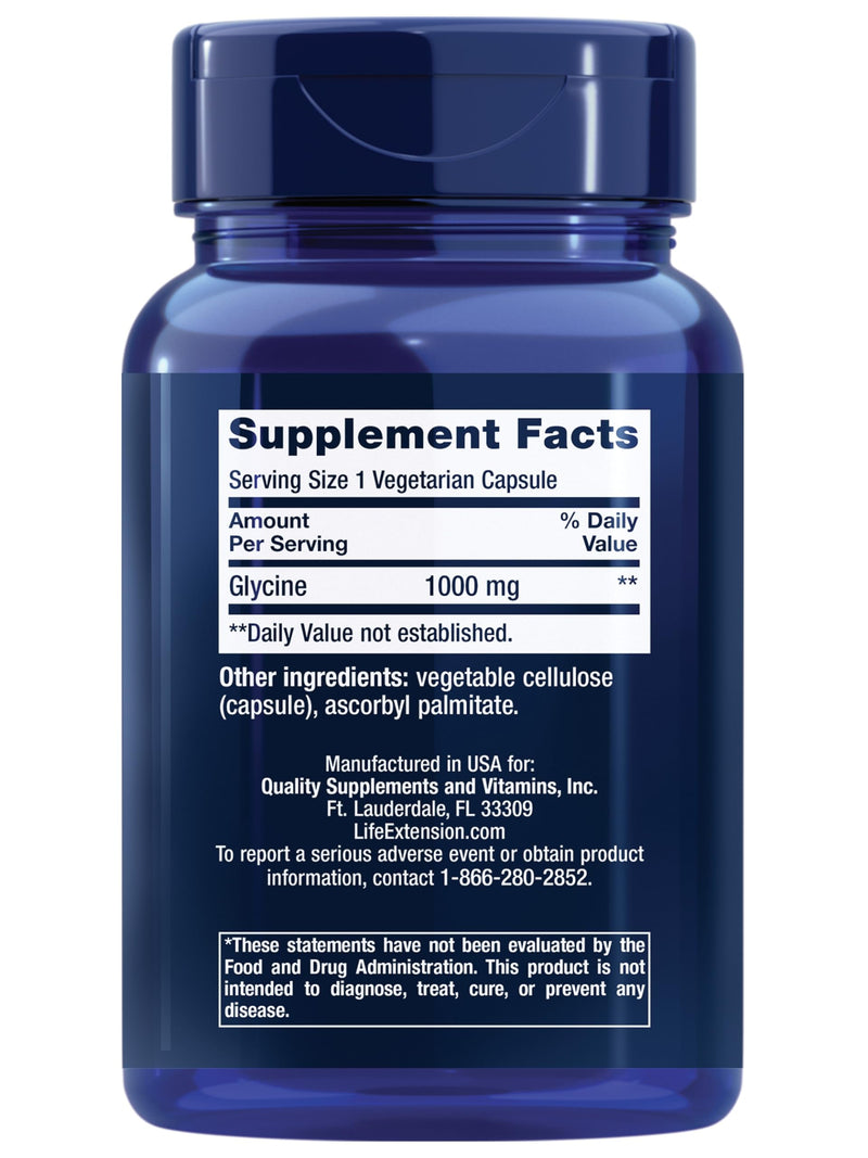 Life Extension Glycine, 1000 mg, Amino Acid That Promotes Healthy Sleep, Gluten-Free, Non-GMO, Vegetarian, 100 Capsules