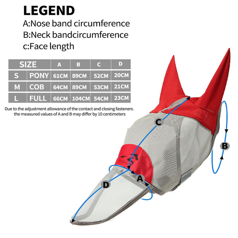 Horse Fly Mask with Long Nose and Ears,Red,Medium Size Medium Red - BeesActive Australia