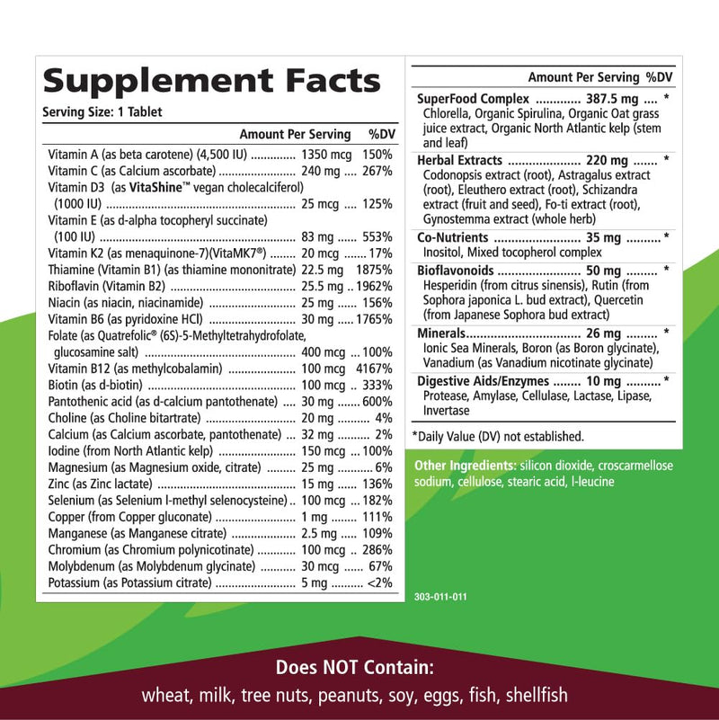 One n Only Whole Food Multivitamin by Pure Essence - Super Energetic Once a Day with Superfoods, Minerals, Enzymes, Vitamin D, D3, B12, Biotin - 90 Tablets 90 Count (Pack of 1)