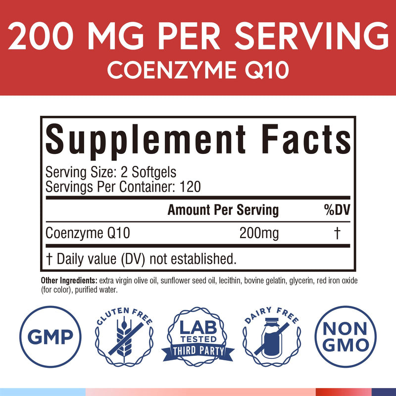 Terranics CoQ10 200mg, Coenzyme Q10 Supplement with Extra Virgin Olive Oil for Enhanced Absorption, Made in USA, Supports Heart Health, Antioxidant Protection, Energy Production, Non-GMO, 240 Softgels 240 Count (Pack of 1)