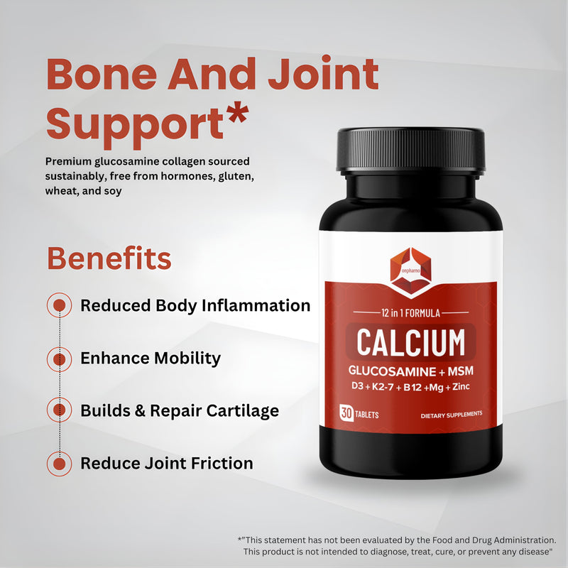 Calcium Tablets with Glucosamine, MSM, Vitamin D3, K2-7, B12, Magnesium & Zinc – 12 in 1 Formula | 30 Tablets | Dietary Supplement