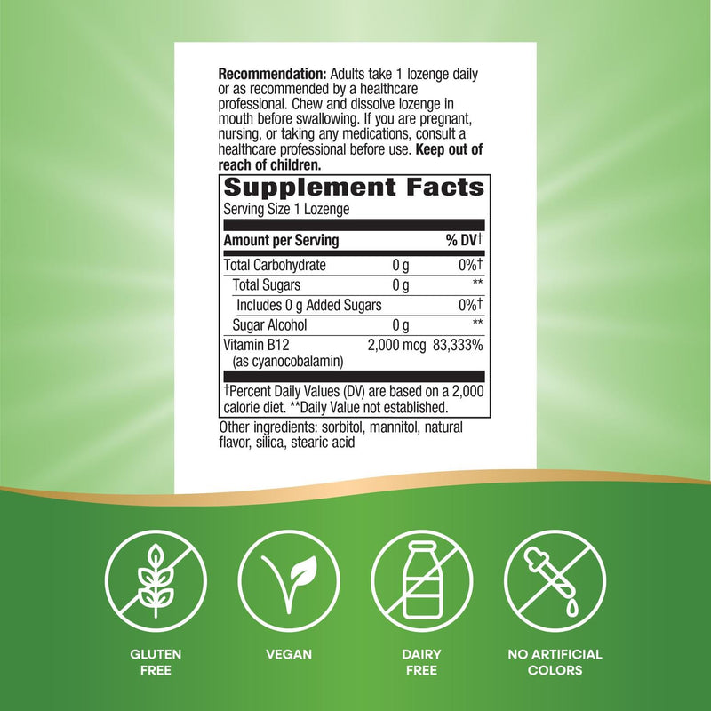 Nature’s Way High Potency Vitamin B-12 Lozenges, 2,000 mcg Vitamin B12 per Lozenge, Supports Cellular Energy & Nerve Function*, No Gluten, Vegan, Cherry Flavored, 100 Count (Packaging May Vary) 100 Count (Pack of 1)