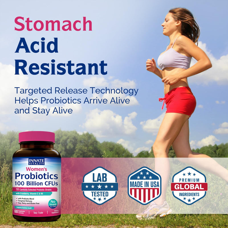 Innate Vitality Probiotics for Women, 100 Billion CFUs 18 Strains, Prebiotics and Probiotics, with Cranberry, Vitamin C & B6 P5P, Vaginal & Digestive Health, Non refrigerated, 60 Caps