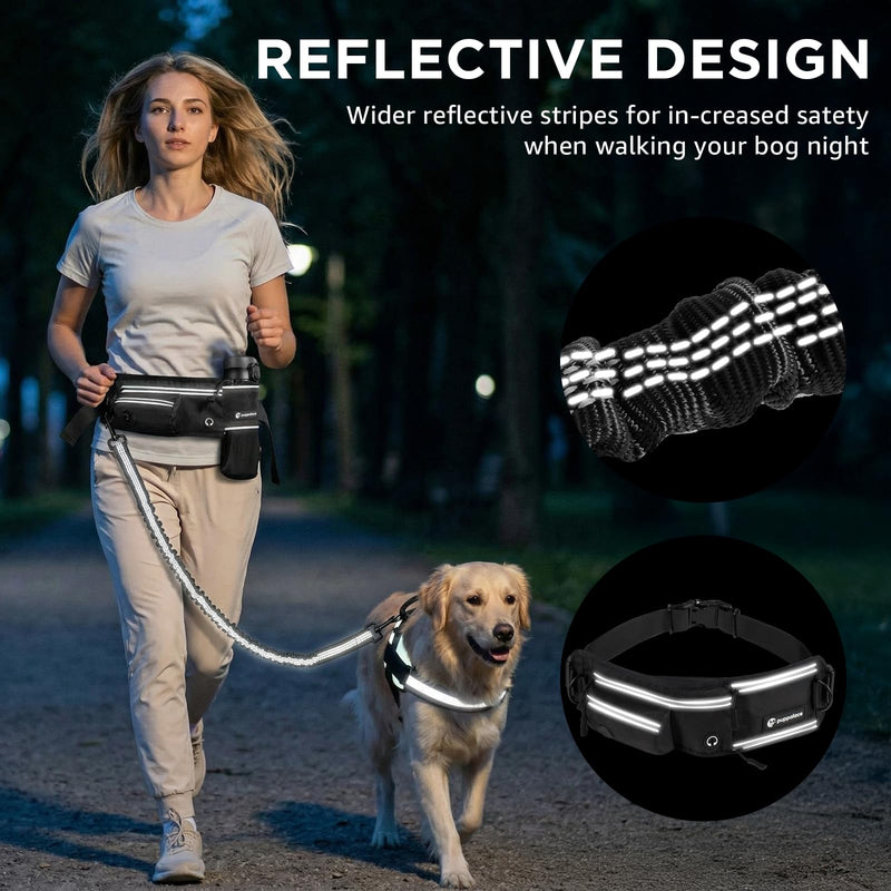 Hands Free Dog Leash with Waist Pack Featuring 2 Metal Clips - Adjustable Leash with Reflective Stitching and Shock Absorbing Design for Walking, Jogging, Hiking, Running and Training Pets
