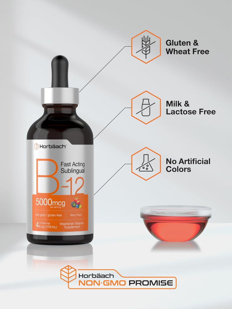 Horbaach B12 Vitamin 5000 mcg Sublingual | 4 Fl Oz | as Methylcobalamin and Cyanocobalamin | Liquid Vegetarian Drops | Berry Flavor | Non-GMO & Gluten Free Supplement