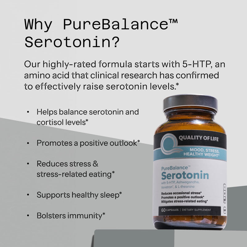 Quality of Life Pure Balance Serotonin Premium–Helps Boost Serotonin & Cortisol Levels - Includes 5-HTP, Venetron, Sensoril, Vitamin D3 & L-Theanine–60 Capsules