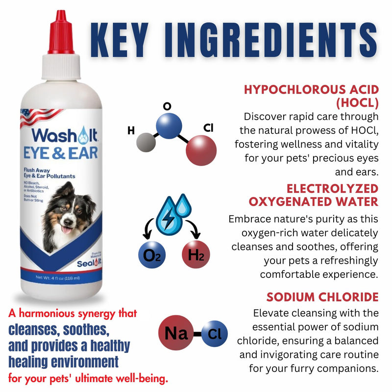 Wash-It Eye and Ear Wash for Pets to Flush Out Contaminants, Irritations & Dirt | US-Made Dog Ear Wash & Tear Stain Remover with Hypochlorous Acid for Rapid Care with No Irritation (4oz) - PawsPlanet Australia