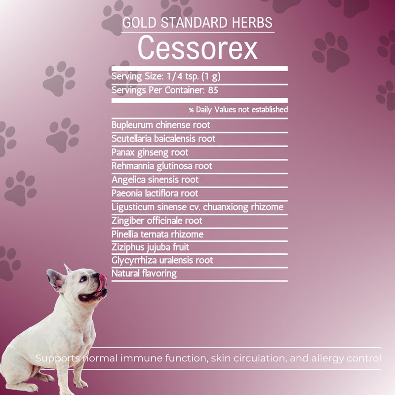 Cessorex Allergy Relief and Skin Immune Function Support for Dogs by Gold Standard Herbs, All Natural Bupleurum Combination, 85 gram powder, White - PawsPlanet Australia
