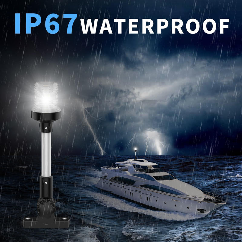 Obcursco Boat Stern Lights, 2NM 360° LED Anchor Light, IP67 Waterproof Bimini Top Lighting, Fold-Down White Navigation Lighting for Pontoon, Marine, Yacht, and Fishing Boats(18'' Horizontal Swing) 18''Horizontal Swing
