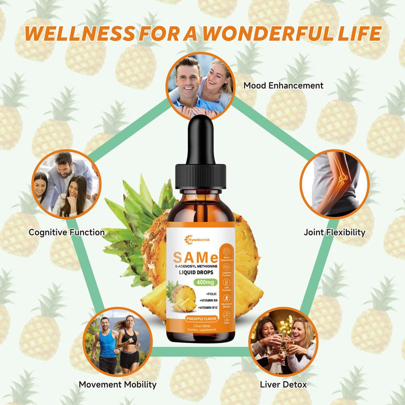 Liquid SAM E Drops,SAM-E(SAMe) Supplement 400MG S-Adenosyl-L-Methionine | with Vitamin B6,B12,Folate,Joint Support&Liver Health,Pineapple Flavor,98% Absorption&Better Bioavailability,0 Sugar,2 FL OZ