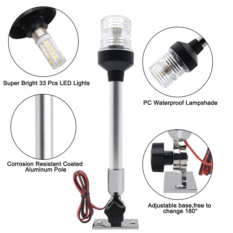 Geloo 12 Inch Marine Navigation Lights, Boat Stern Light Waterproof IP67, Anchor Lights, Marine Lights White LED All Round 360°Fold Down for Pontoon and Fishing Boat Yacht Stainless Steel Base 12 Inches Folding