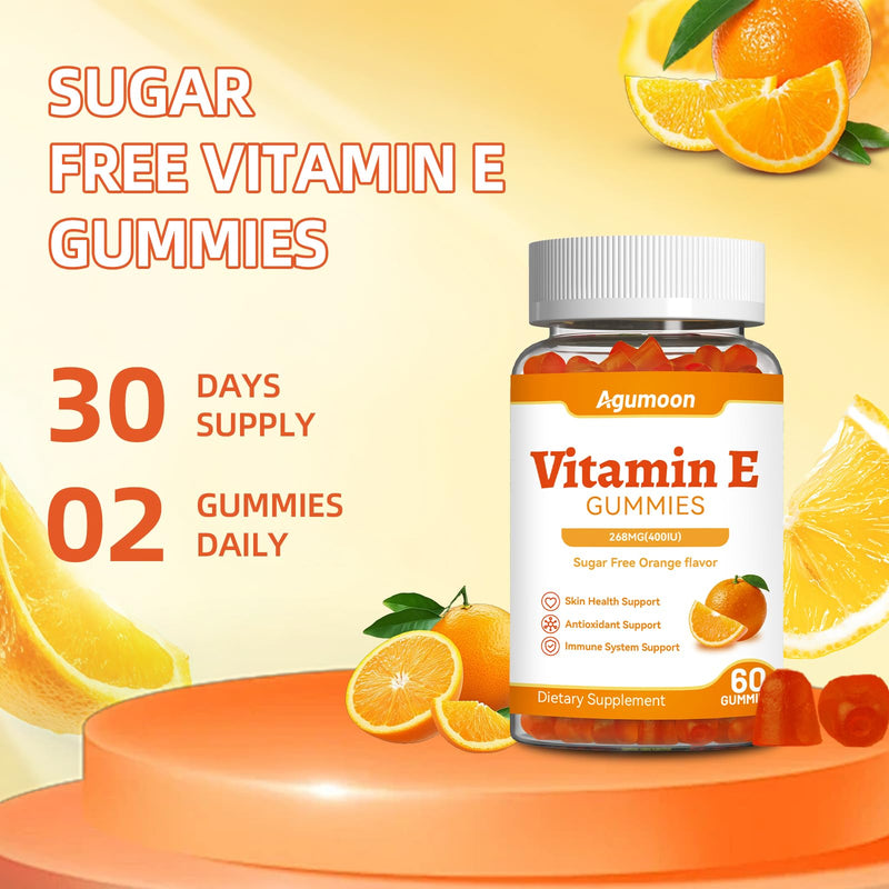 Vitamin E Gummies,400 IU Vitamin E Supplements for Women and Men | 268mg Vit E for Skin,Eye Health and Immune and Antioxidant support,Orange Flavor,60 Count